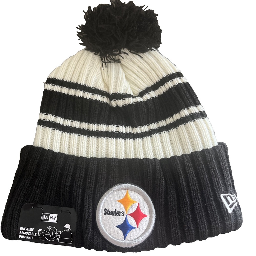 Pittsburgh Steelers Knit Winter Hat Beanie New Era Removable Pom Black White NWT